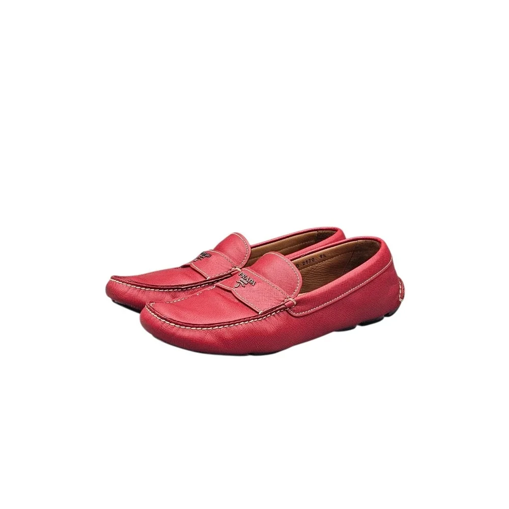 PRADA Men's Size 10.5 US EUC Red Leather Driving Loafers Drivers Shoes W Box &..